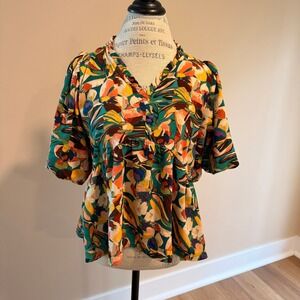 Haptics Women's Frill Floral Puff Sleeve Peplum Blouse Size M